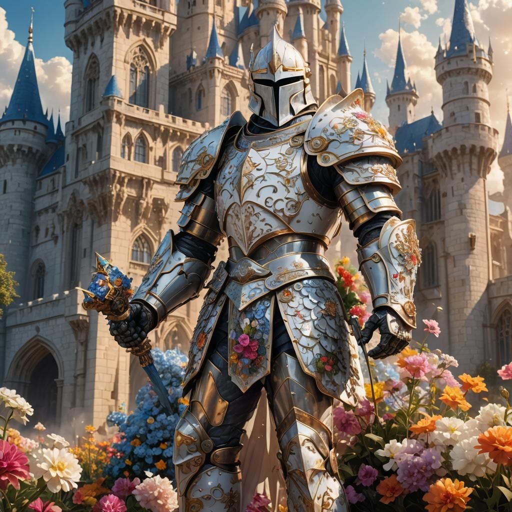 White Knight in Flower Armor Before Cloud Castle