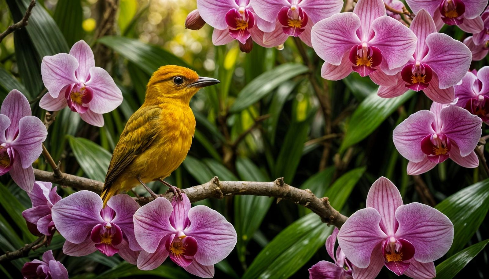 Vibrant Royal Flycatcher in Pink Orchid Paradise