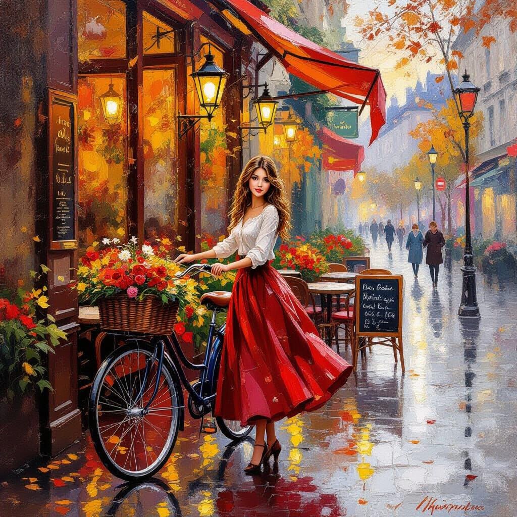 Romantic Autumn Street Scene Painting with Woman and Bicycle
