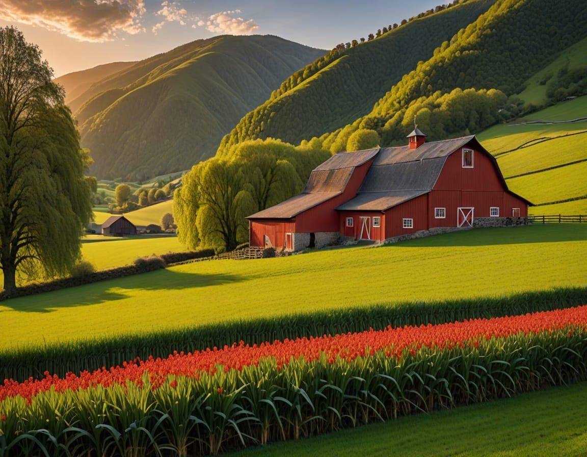 Luxury Red Barn in a Spring Valley Sunset