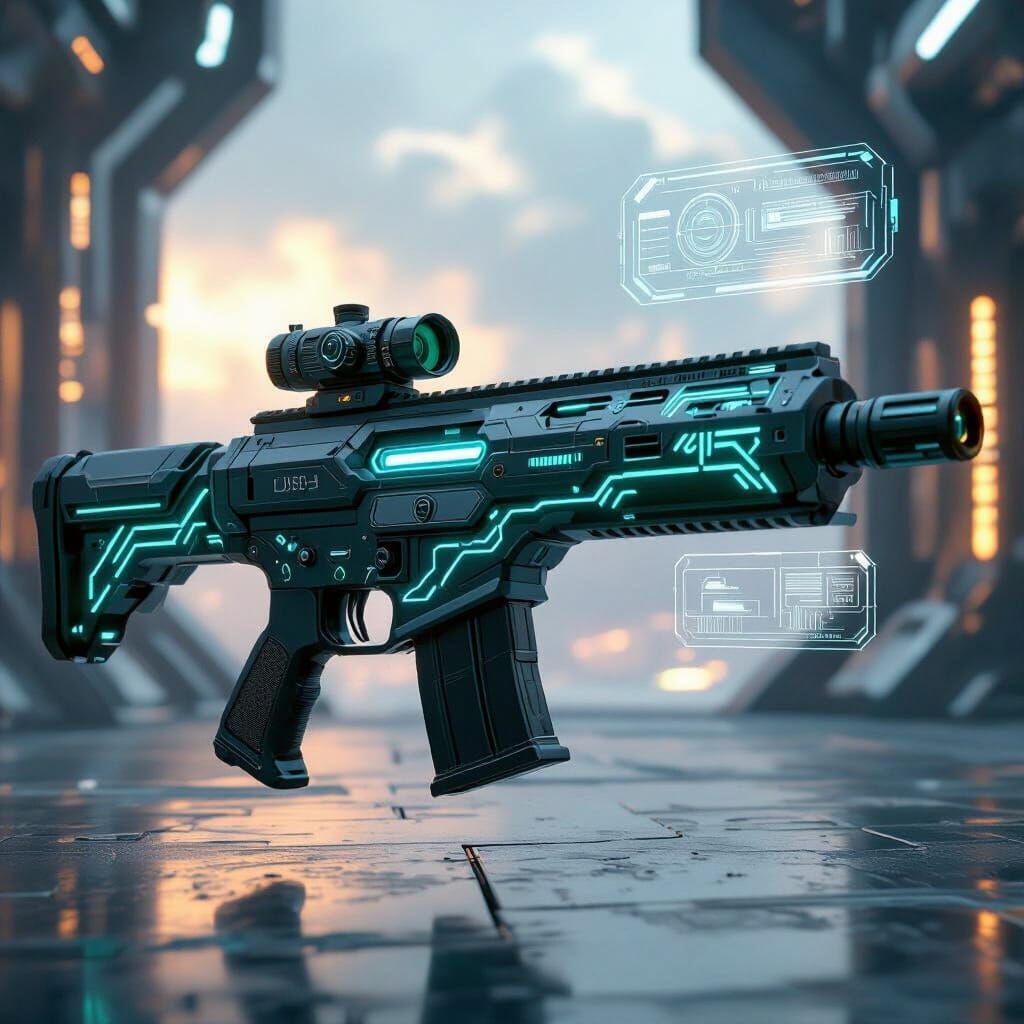 Geometric Plasma Rifle with Teal Circuitry and Holographic R...