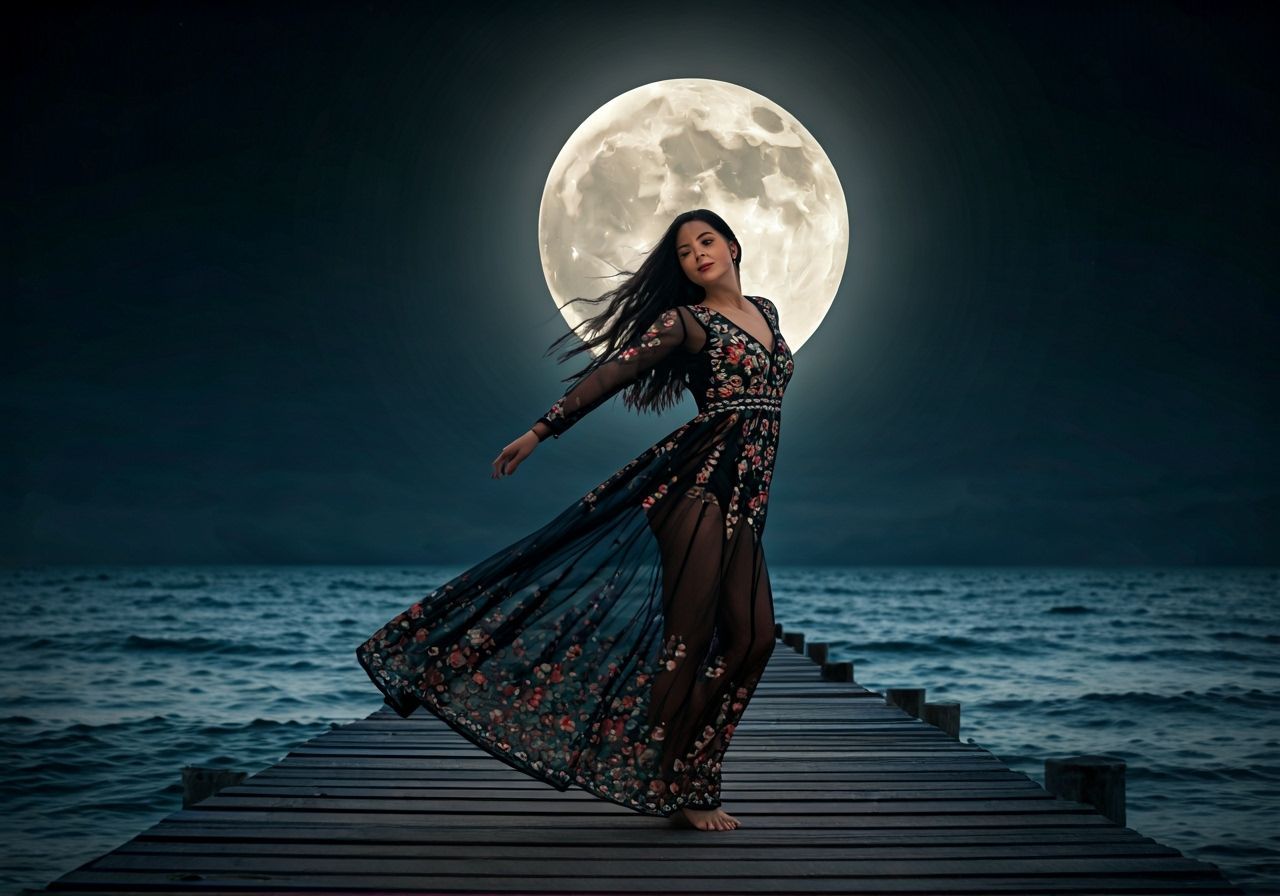 Silhouette of Woman Dancing Under Moonlight