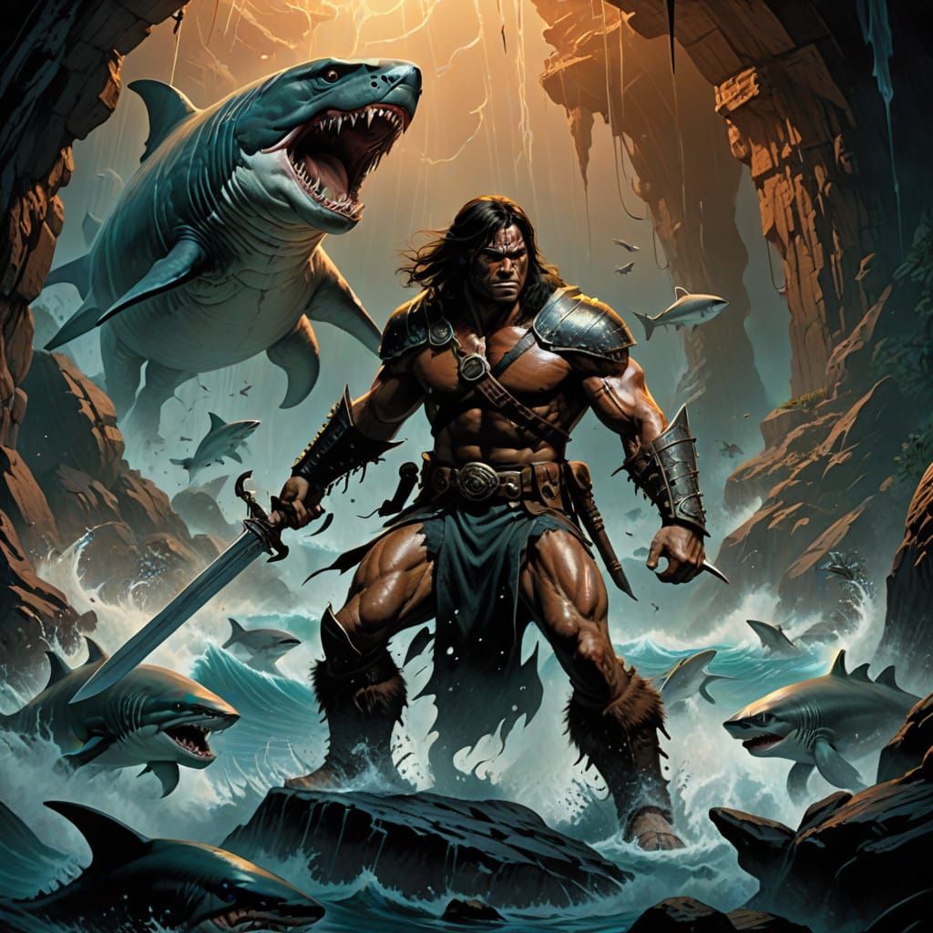 Dark Fantasy Conan Battles Giant Shark in Underwater Lair