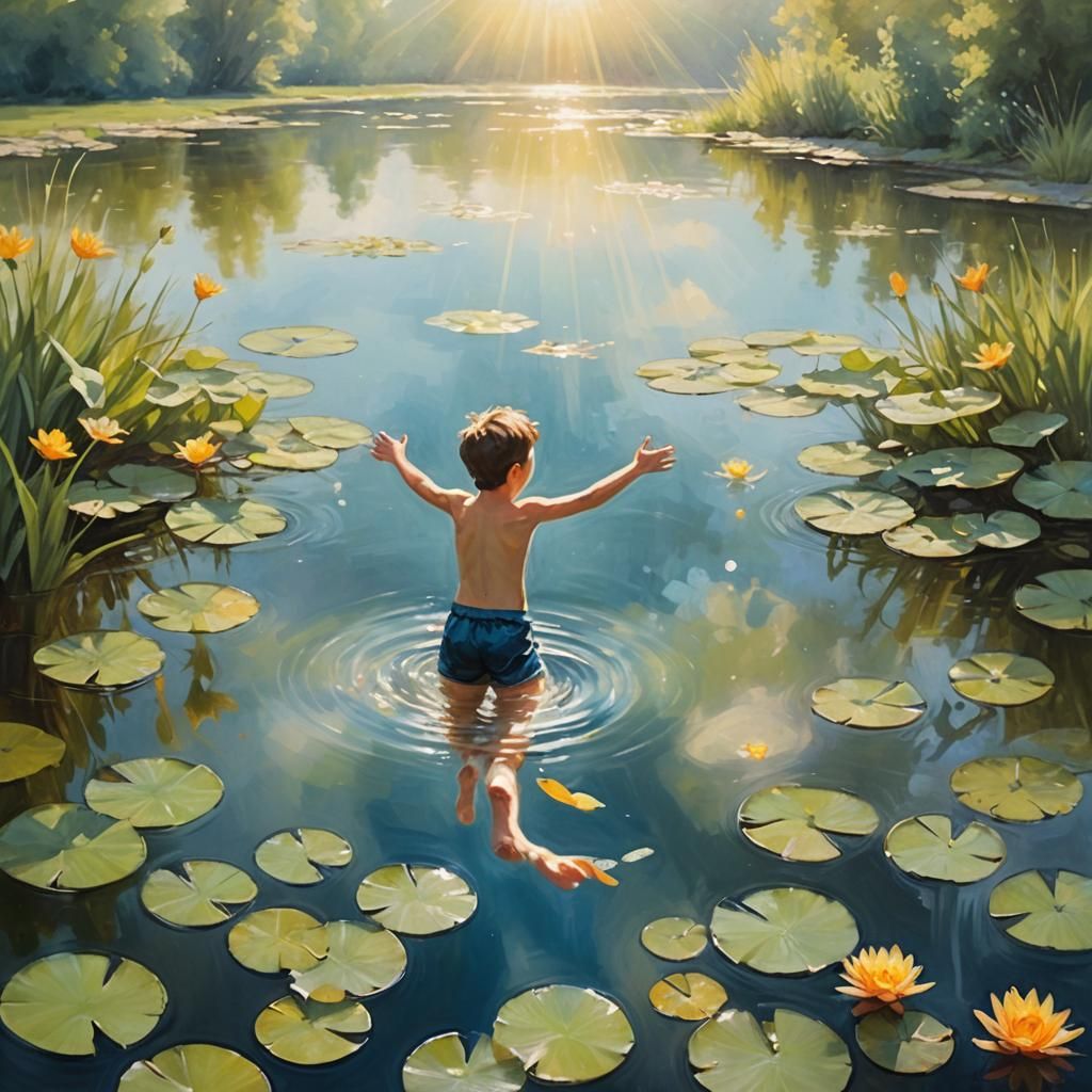 Whimsical Still Life: Boy Swimming in Pond