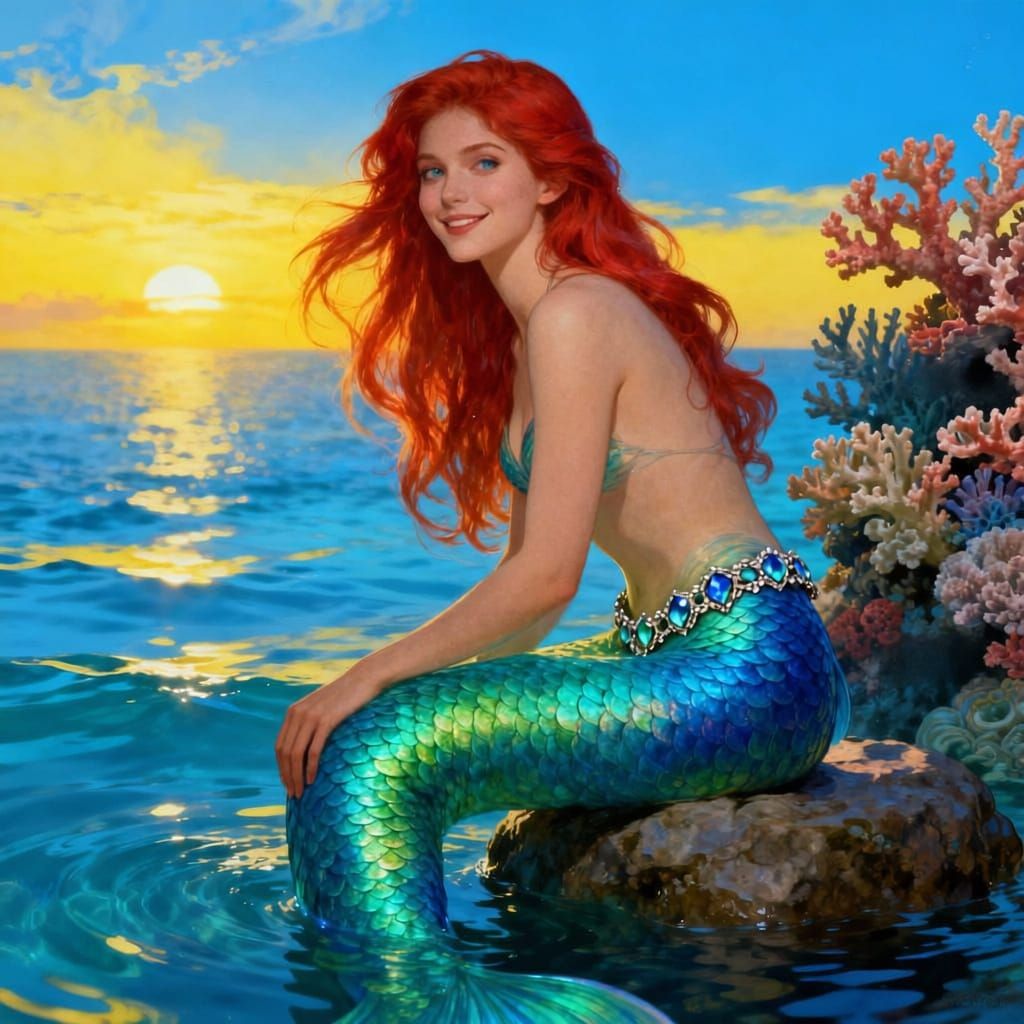 Beautiful Mermaid at Sunset Near Coral Reef