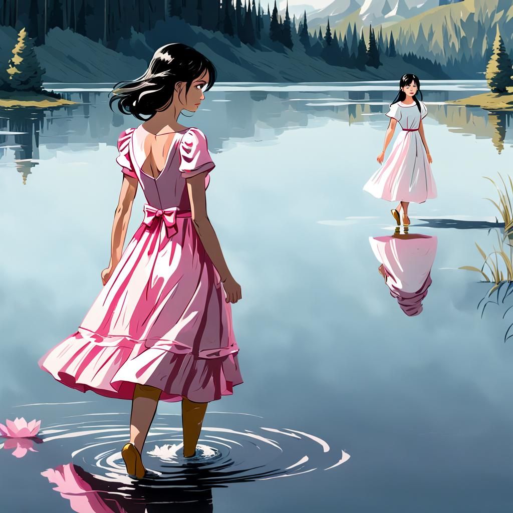 Woman in Lake with Pink Dress