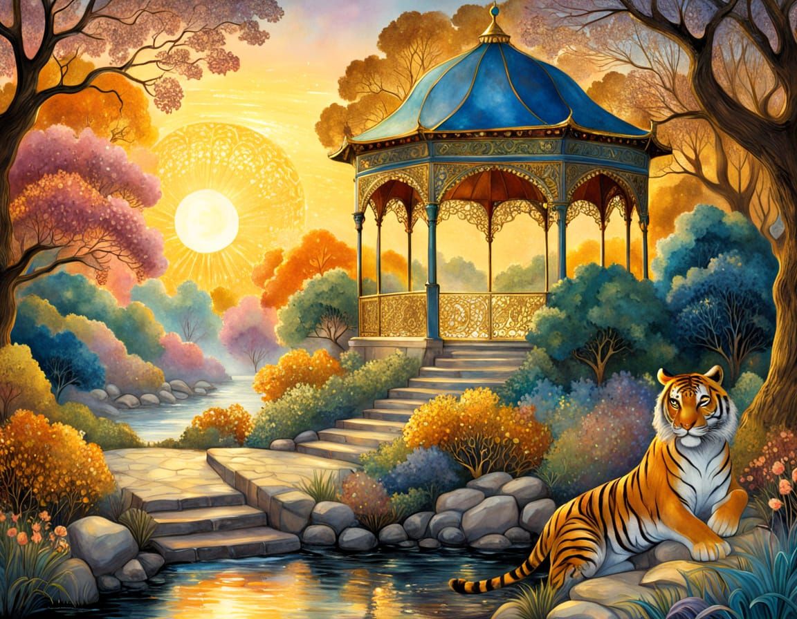 Tiger and Gazebo in Odilon Redon Style