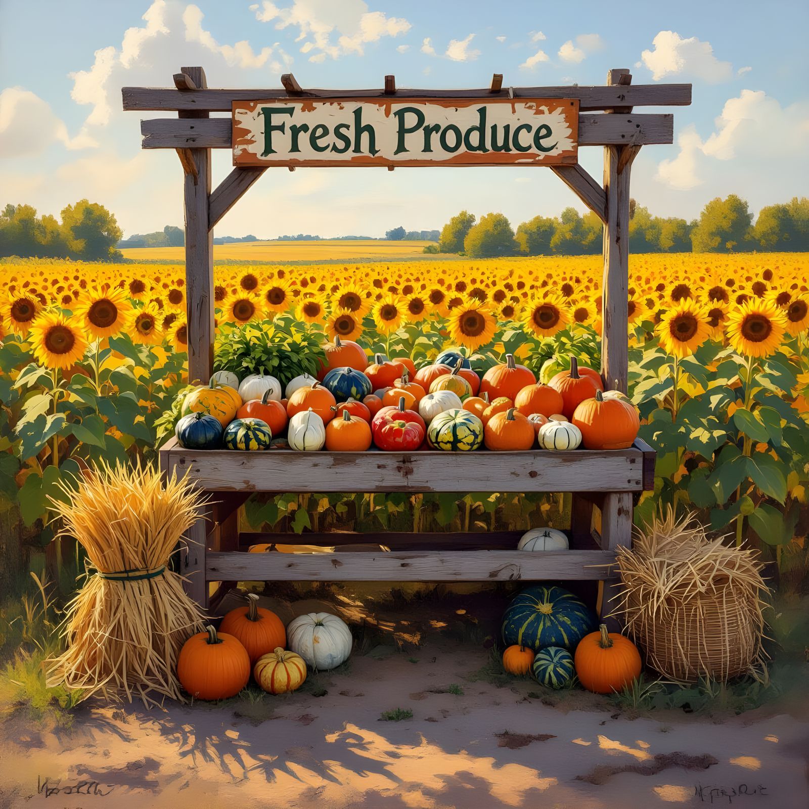 Sunflower Field Farmstand in Impressionist Style