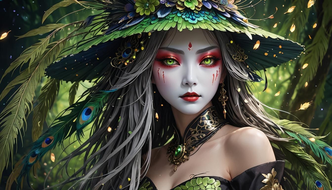 Kabuki Woman with Fireflies in Digital Art Style