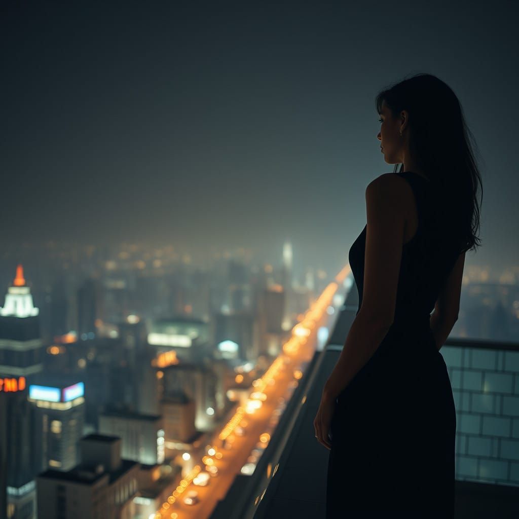 Mysterious Woman Contemplating Cityscape at Night