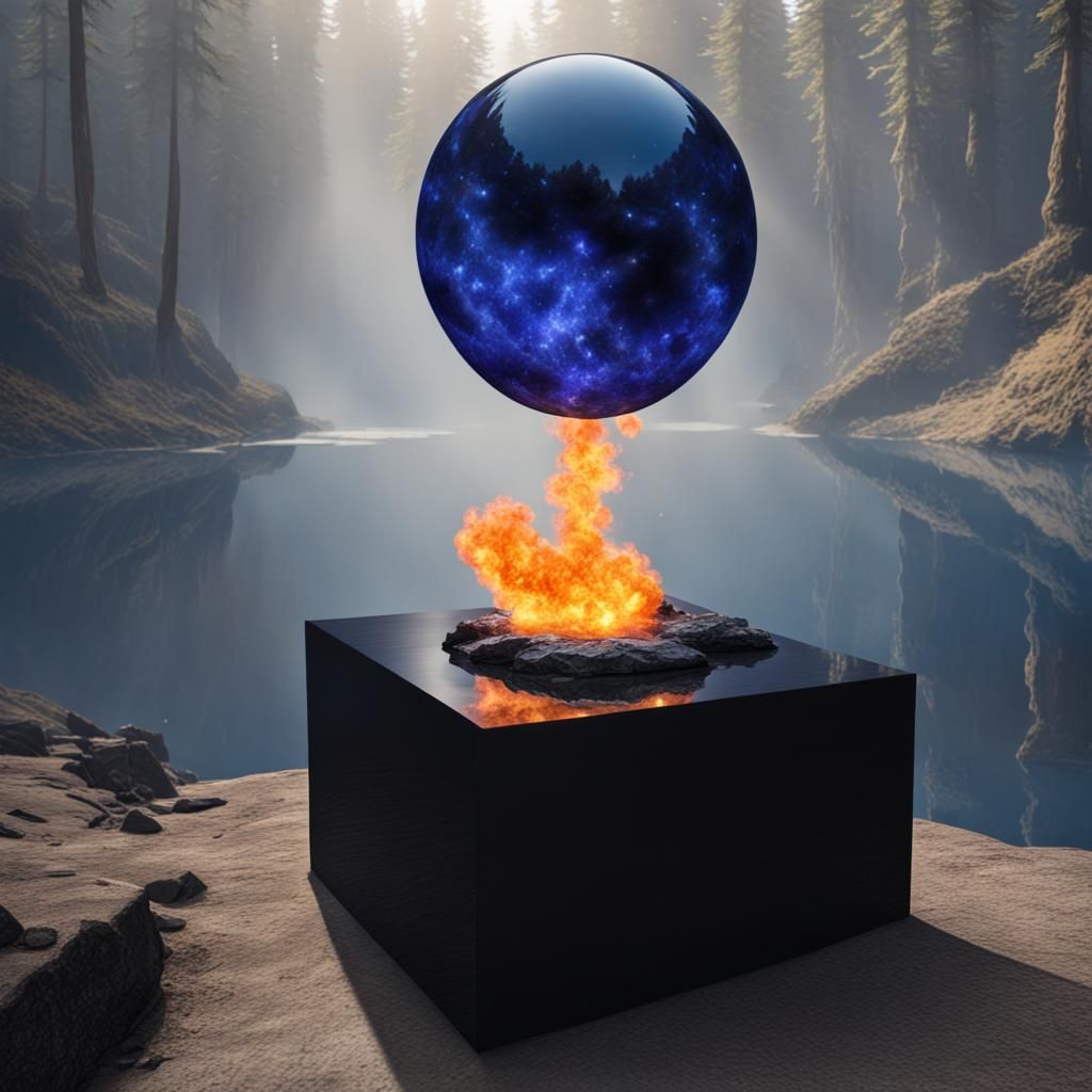 Indigo Fireball Above Obsidian Pedestal