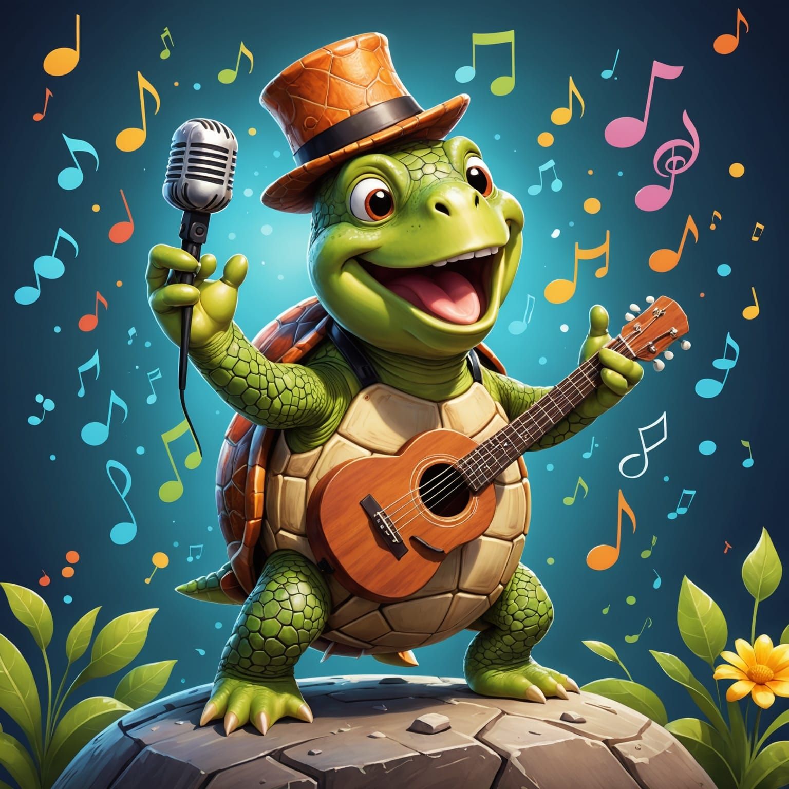 Singing Turtle in Whimsical Digital Illustration