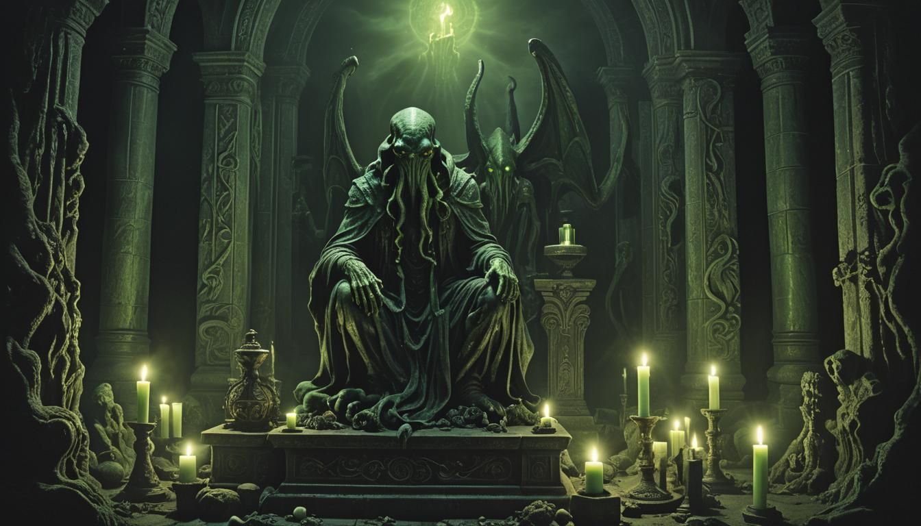 Cthulhu Statue on Altar with Candlelight