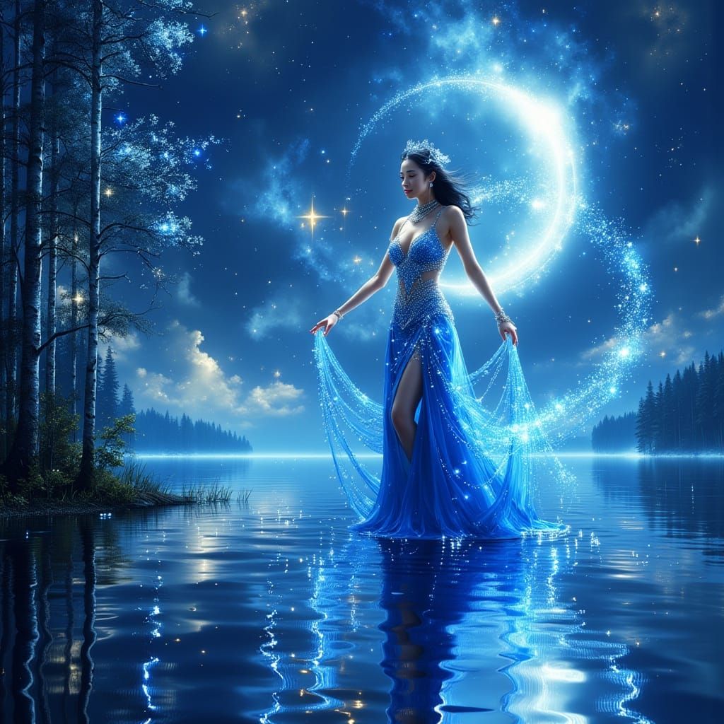 Asian Enchantress Summons Wave Under Starry Sky