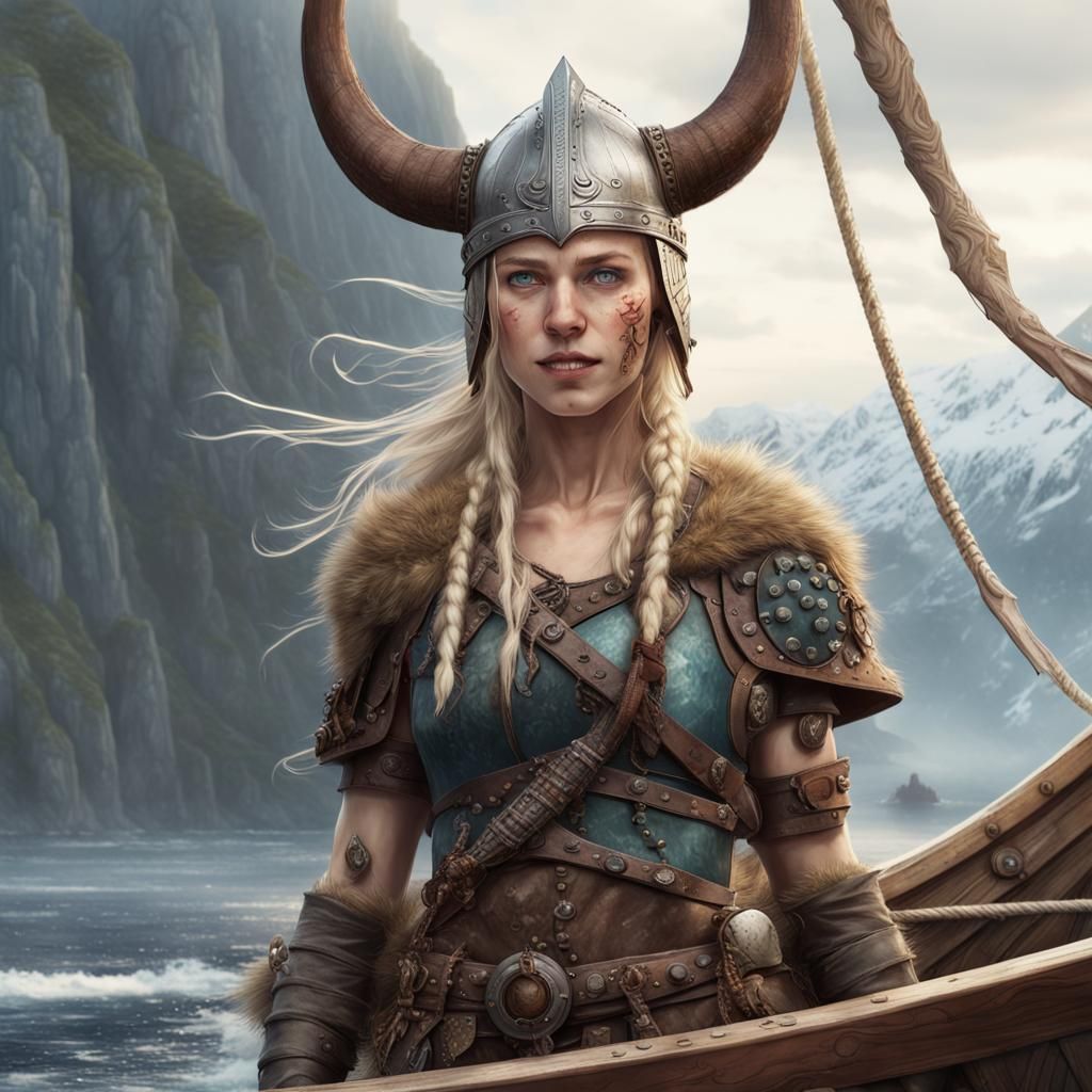Happy Viking Girl Returns Home to Fjord, Digital Art