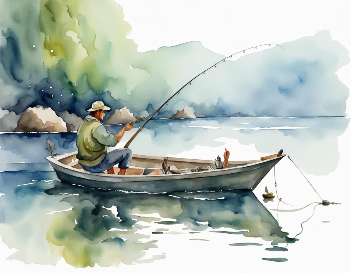 Fisherman on Boat in Watercolor