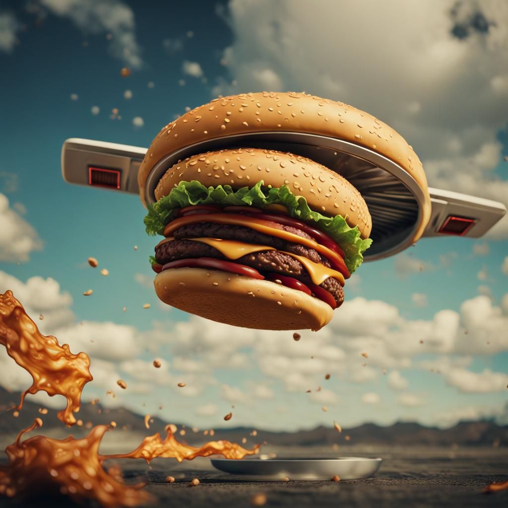 Hyperrealistic Flying Burger in Cyberpunk Style