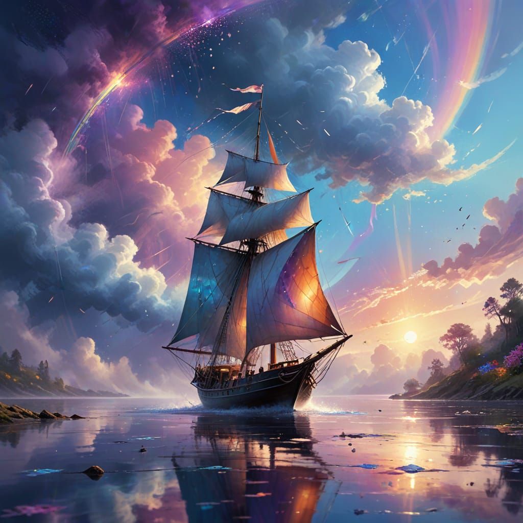 Fantasy Sailboat in Vibrant Skies with Rainbow Rain
