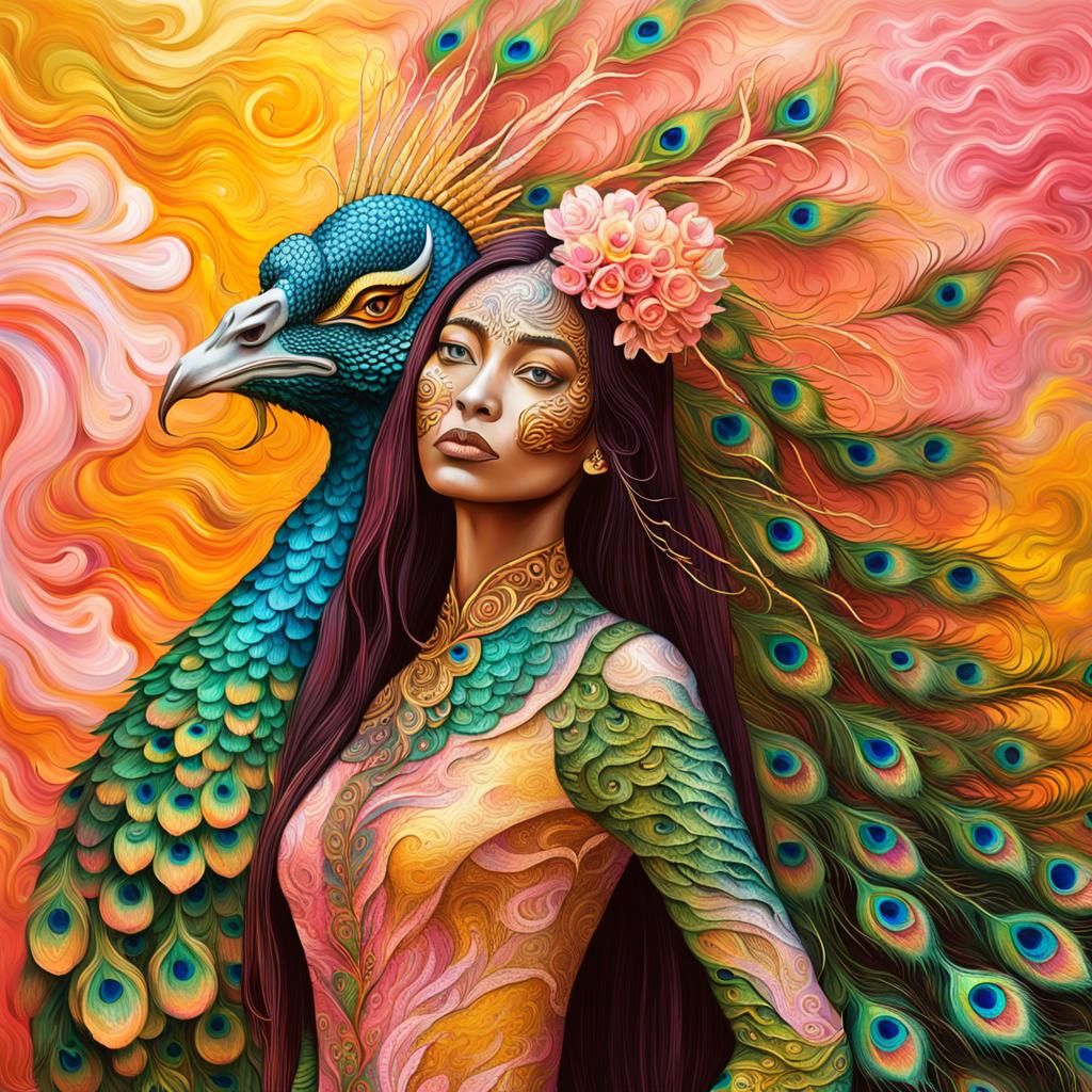 Dragon Peacock Woman in Abstract Expressionism Style