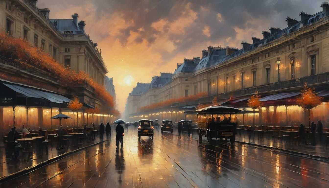 Rainy Sunset at Opera Garnier in Oil Paint