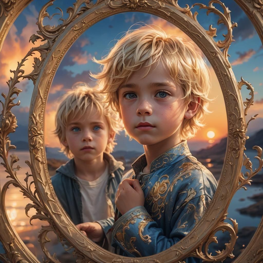 Boy Gazes in Mirror at Romantic Sunset: Fantasy Art