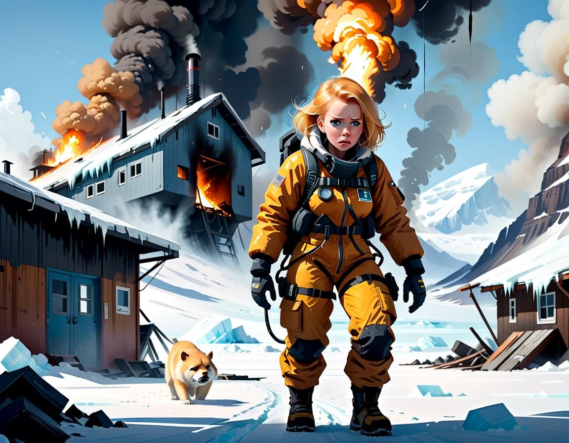 Survivor at Burning Antarctic Station: Eerie Illustration