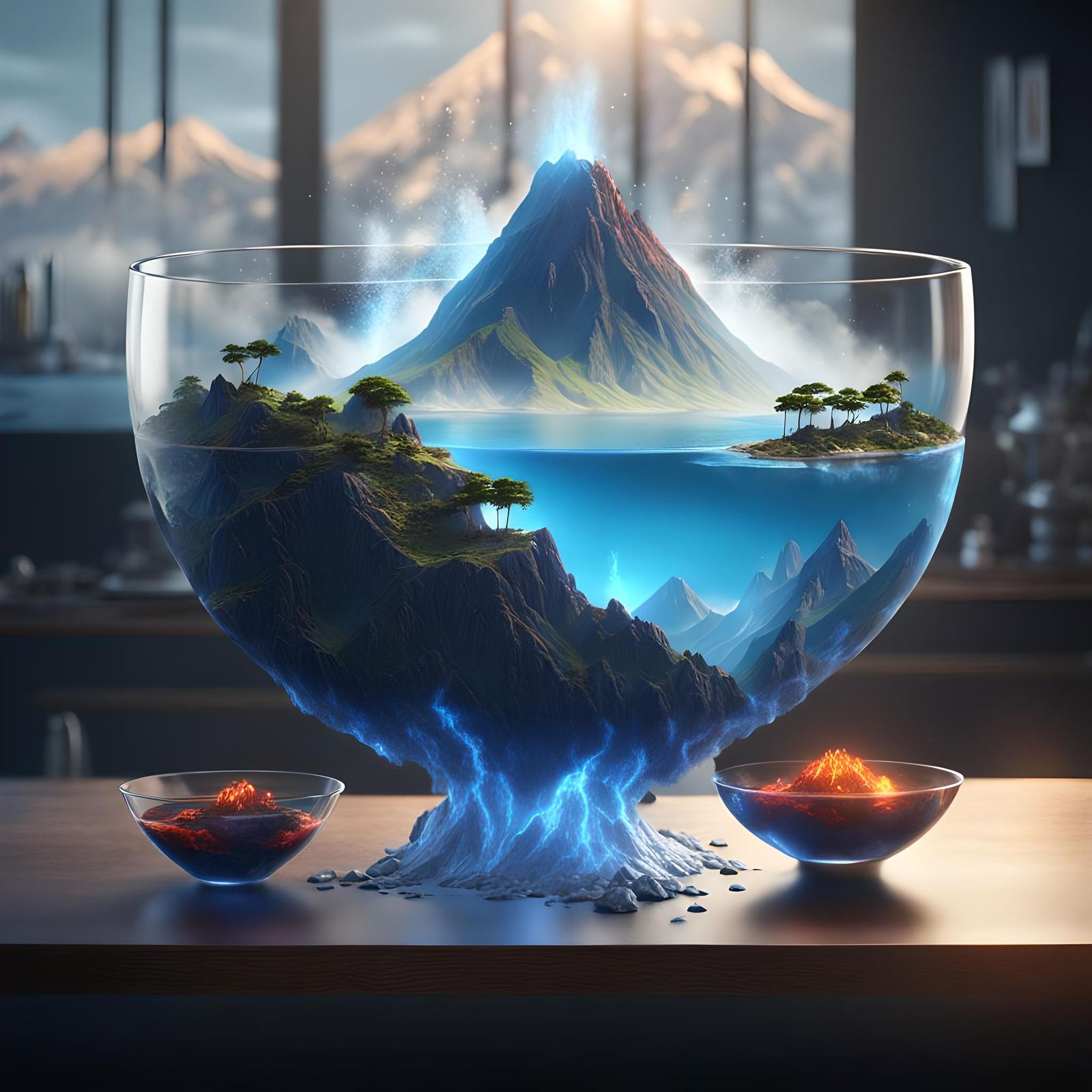 Volcanic Island Eruption in Glass Bowl: Fantasy Art