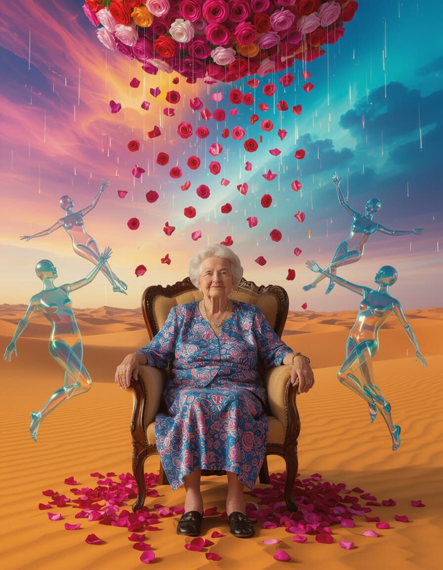 Elderly Woman in Surreal Desert Rose Shower