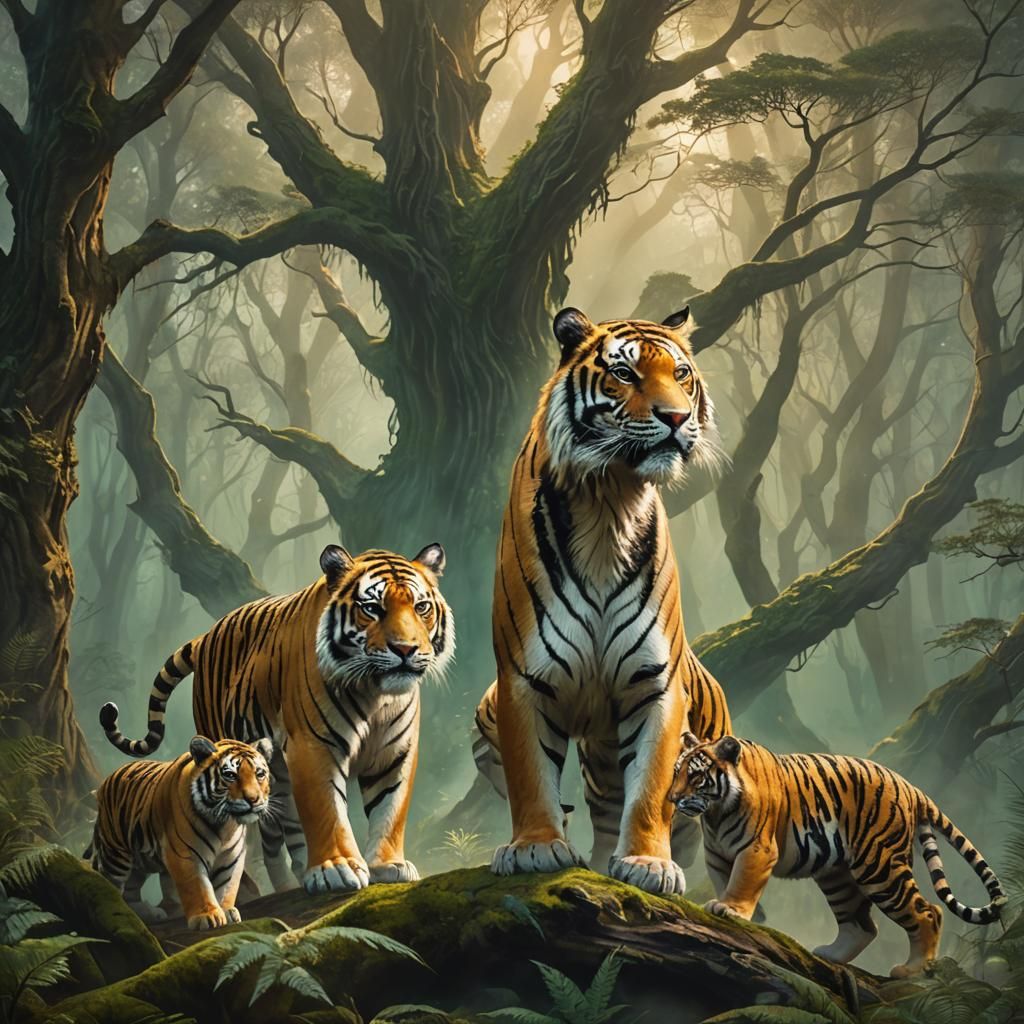 Protective Tiger Mom and Cubs in Misty Forest