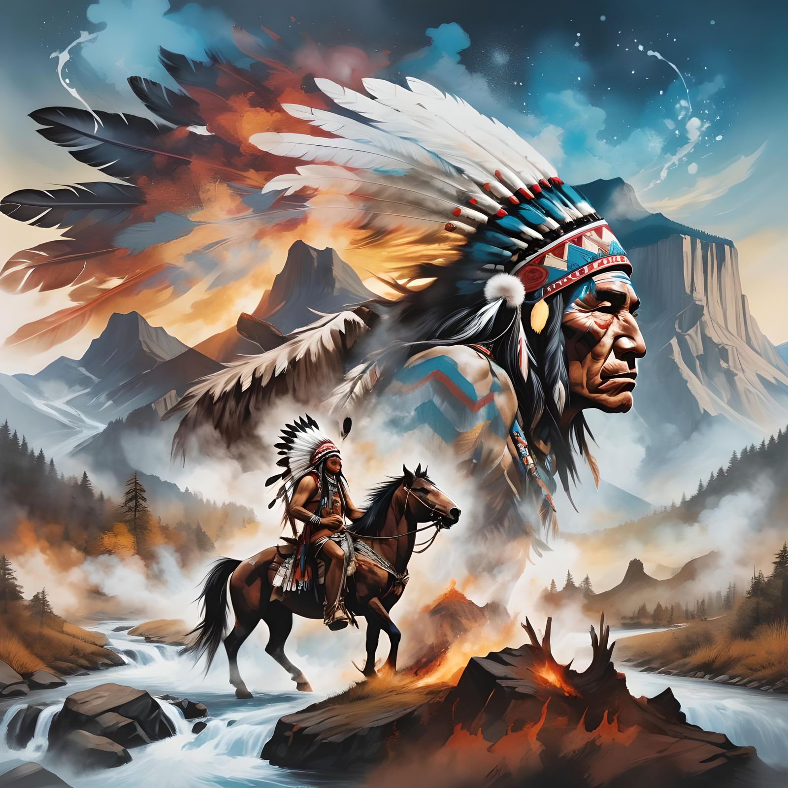 Native American Chief Double Exposure Manhwa Art