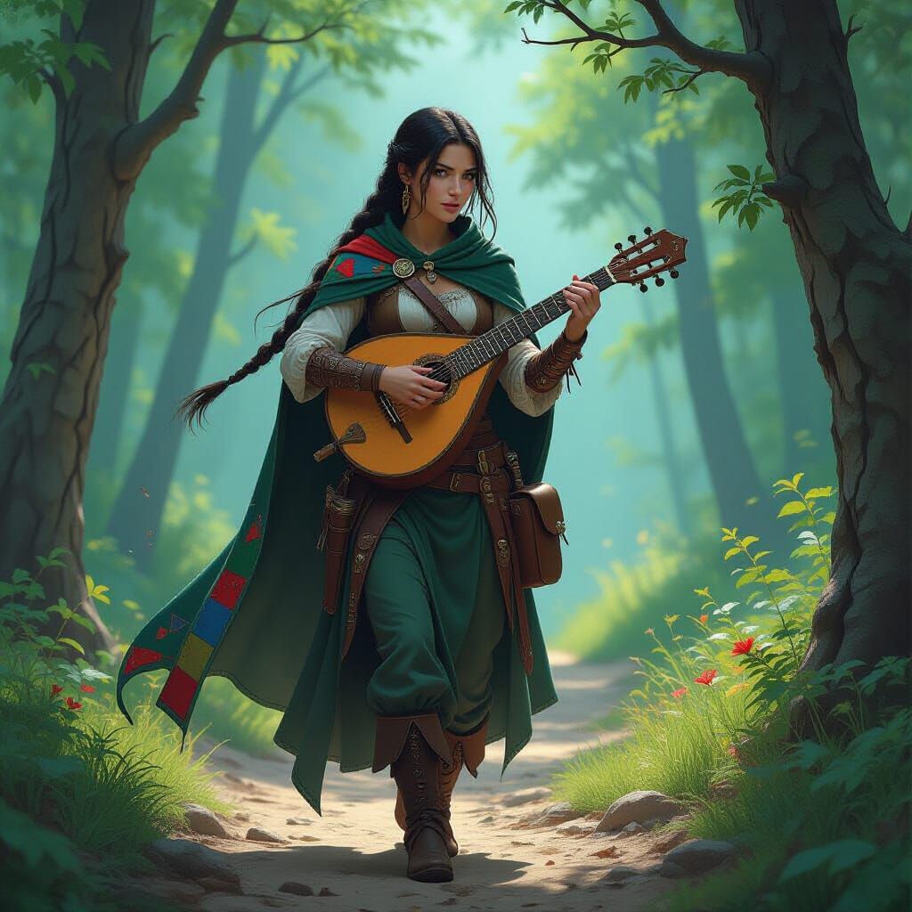 Female Bard in Forest: Dark Fantasy Concept Art