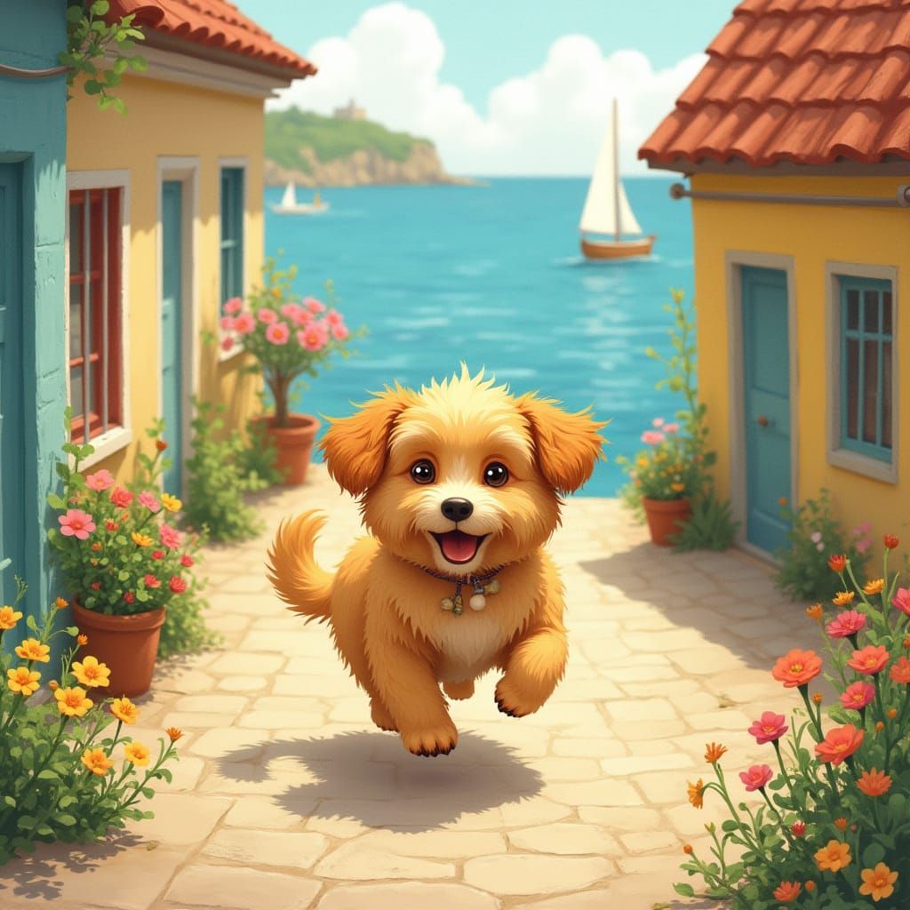 Golden Dog Runs Free in Whimsical Seaside Village