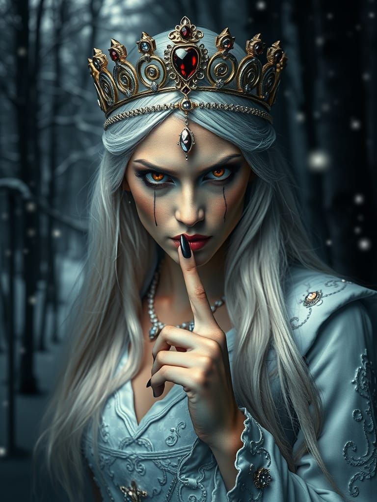 Regal Vampire Queen in Snowy Forest, Dark Dramatic Style