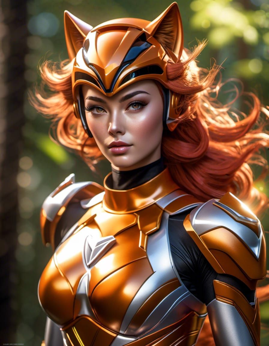 Female Orange Power Ranger Flying Through Forest