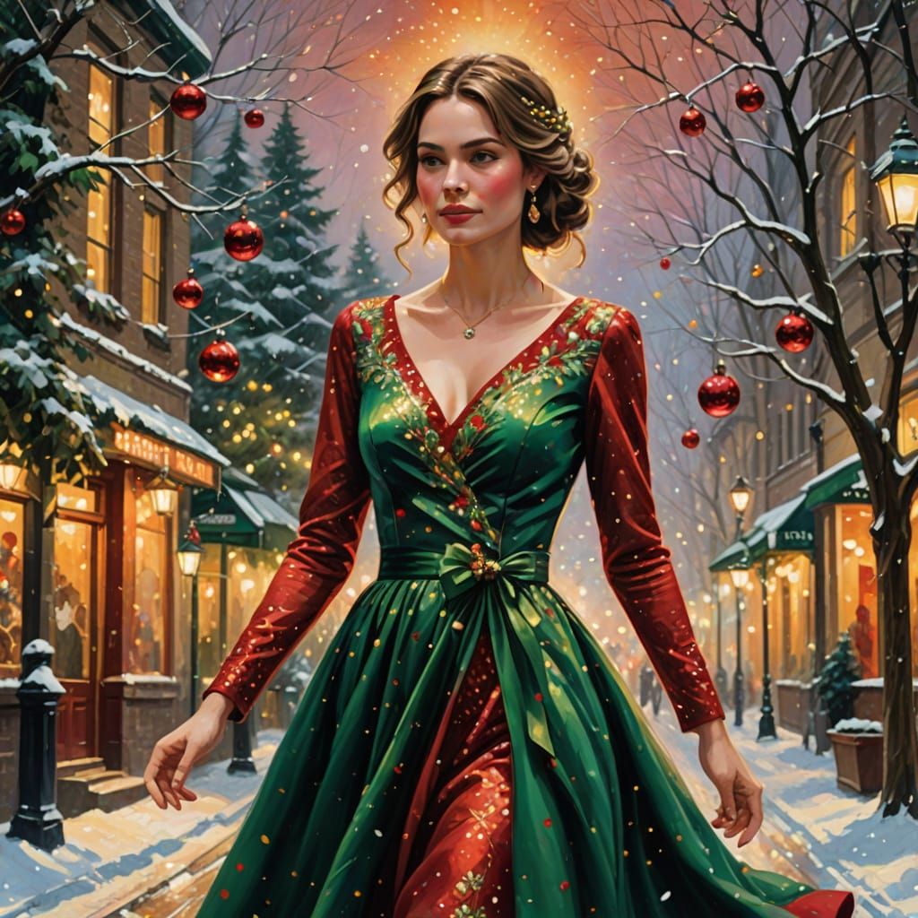 Woman in Festive Oil Painting Christmas Dress