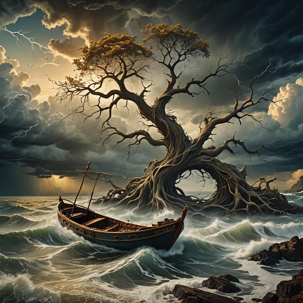 Surreal Seascape: Boat in Stormy Dreamscape