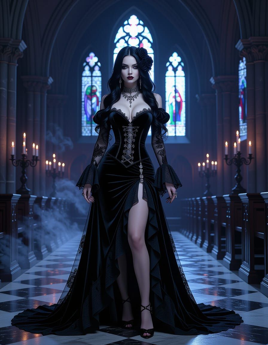 Romantic Goth Babe in Candlelit Cathedral