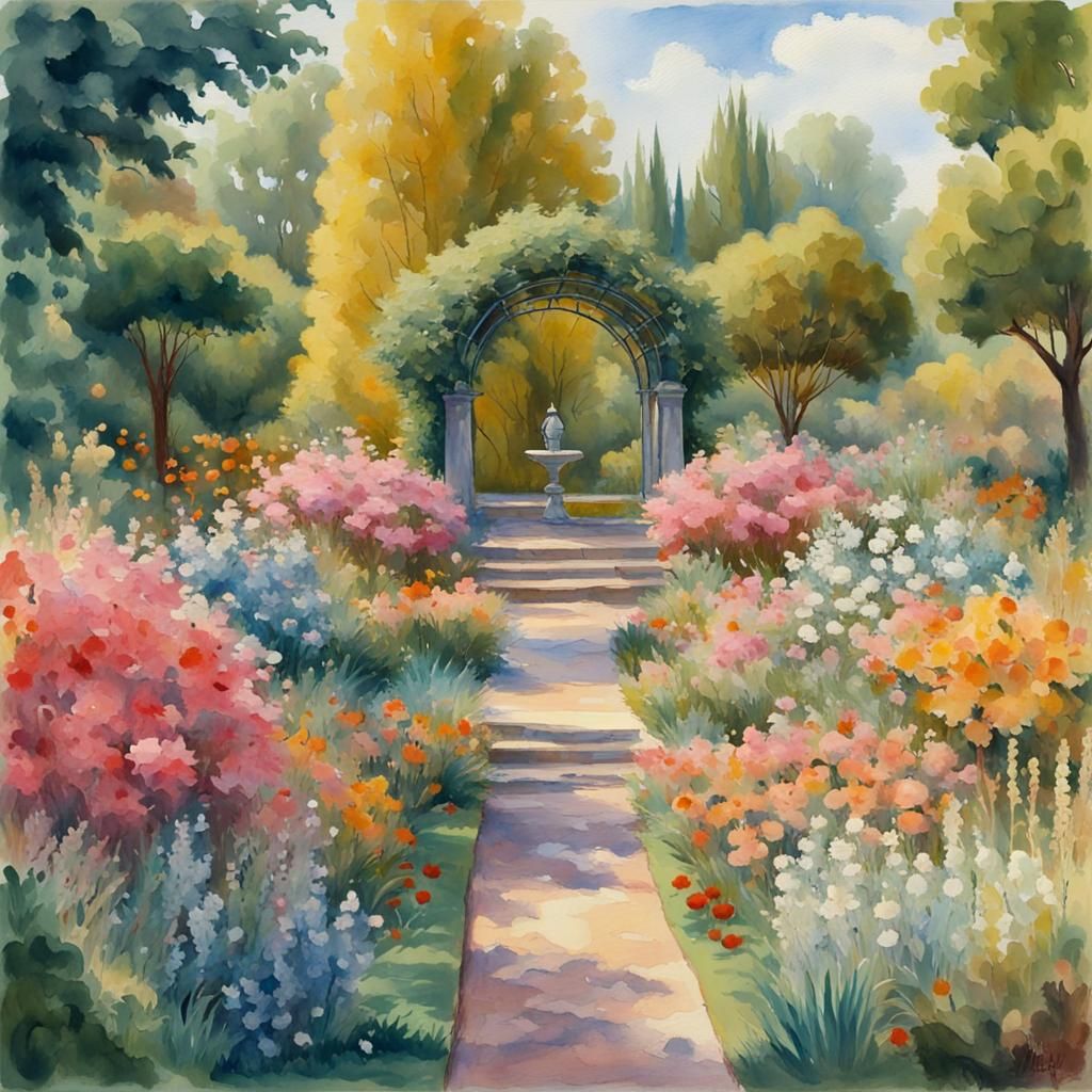 Gouache Garden with Water Feature, Impressionist Style