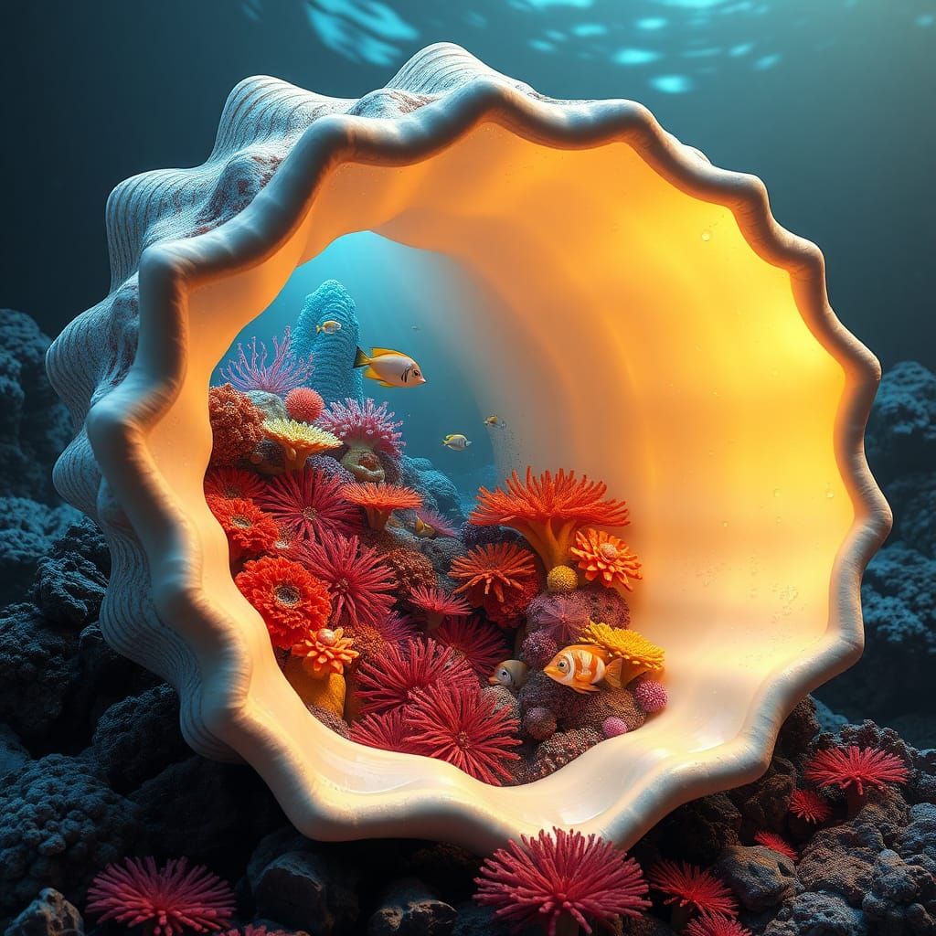 Vibrant Coral Reef Hidden in Pearlescent Seashell