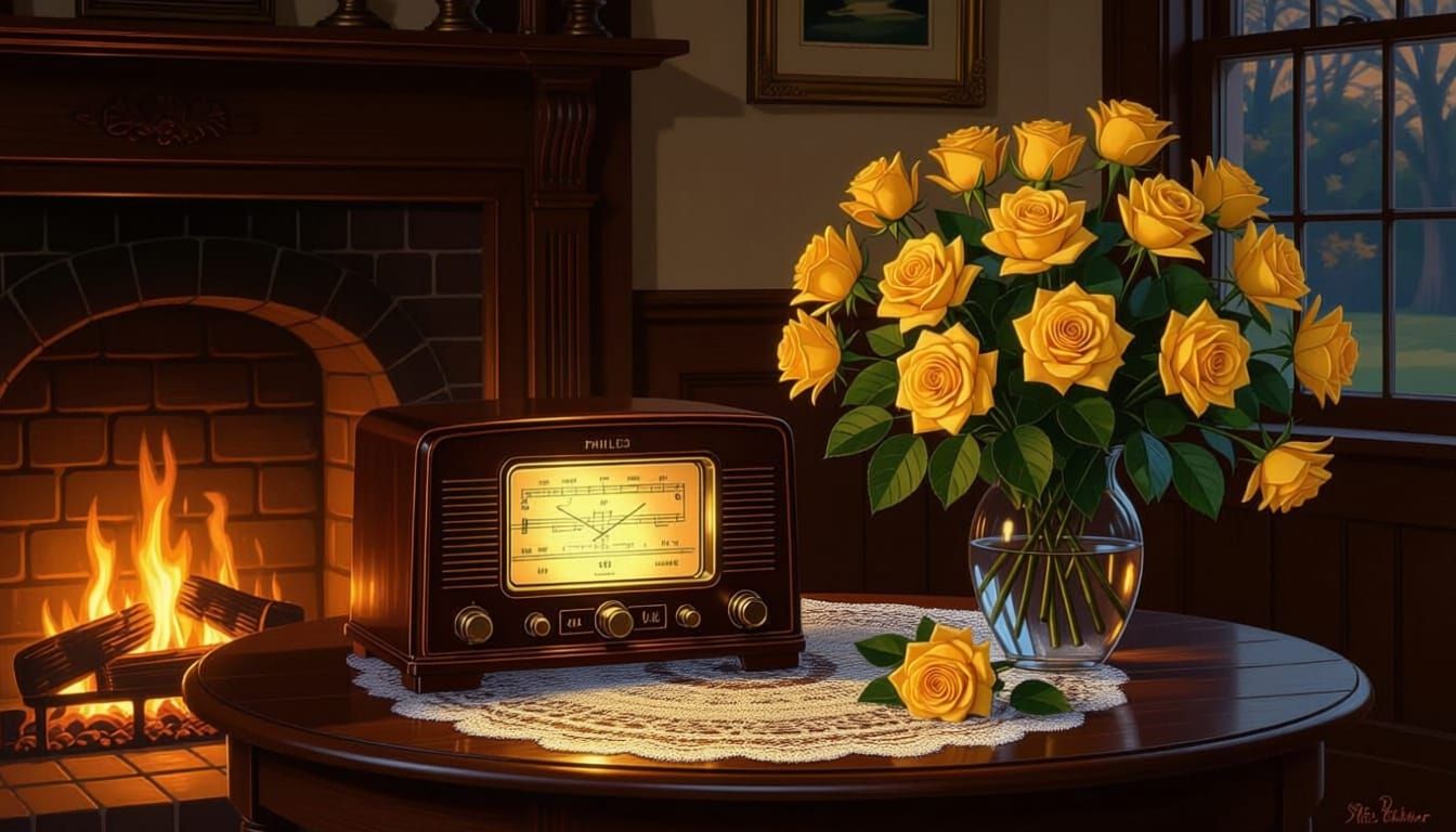 1930s Philco Radio in Cozy Parlor, Norman Rockwell Style