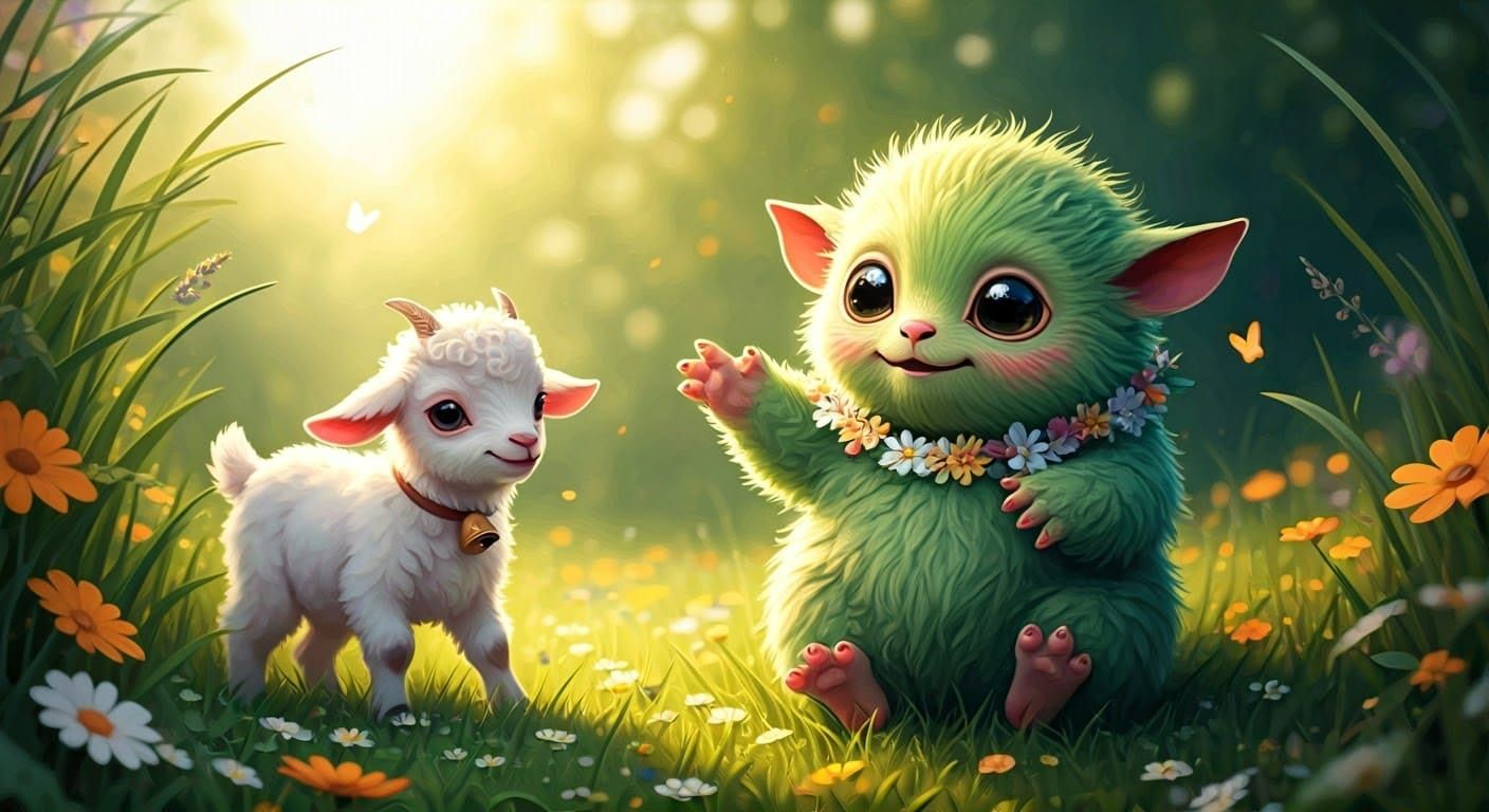 Green Creature and Goat Frolic in Meadow
