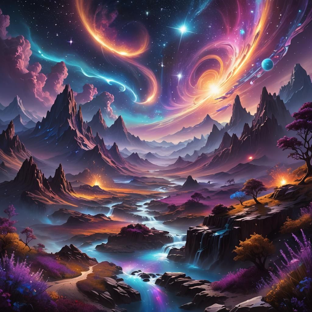 A cosmic landscape filled with swirling, vibrant lights and ...