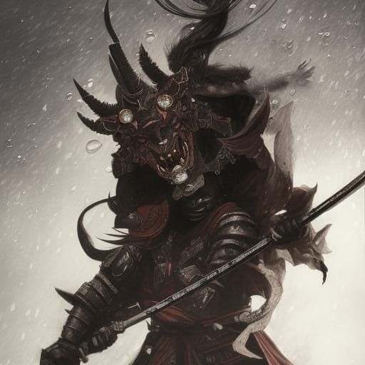 Samurai Oni Mask Fighting Dragon in Dark Fantasy Art