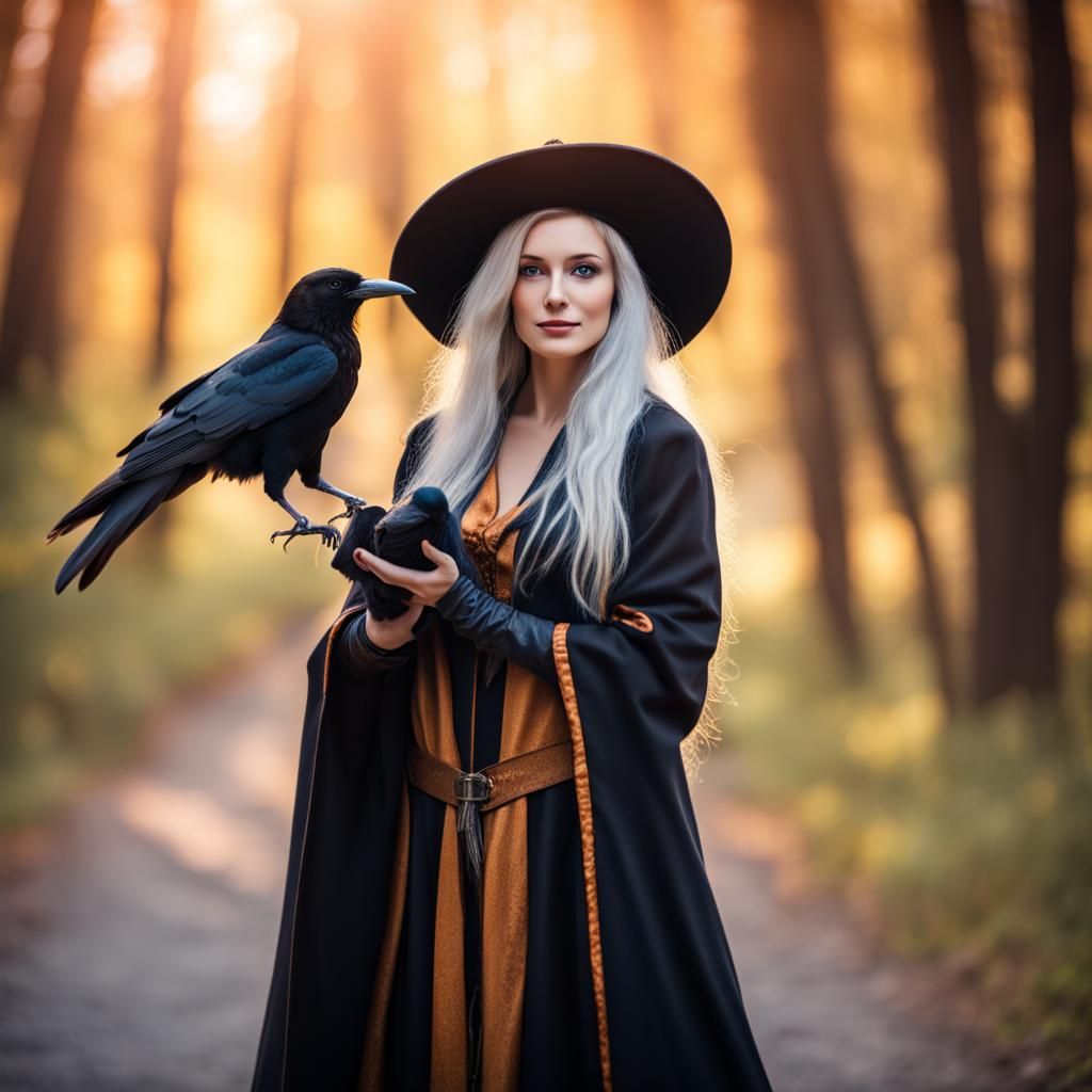 Wizard Woman with Crow in Natural Lighting