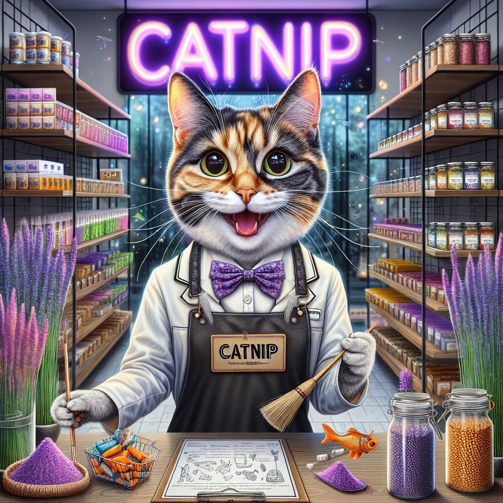 Blissful Calico Cat Working at Catnip Store