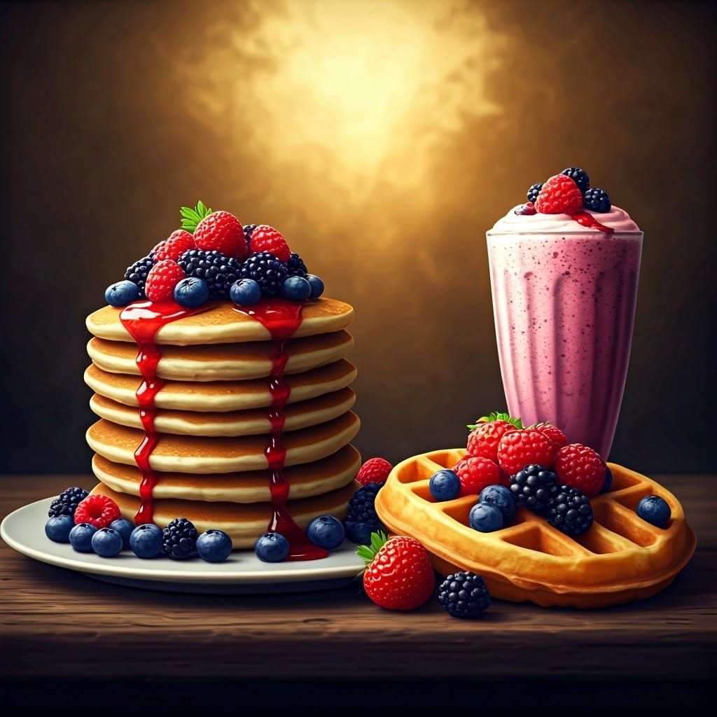 Berry Breakfast Fantasy: Pancakes, Waffle, and Milkshake
