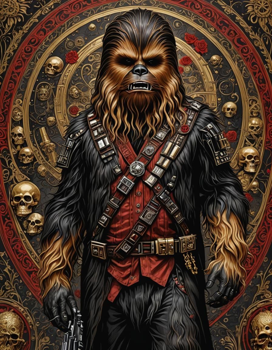 Emo Gothic Chewbacca Portrait in Red and Gold