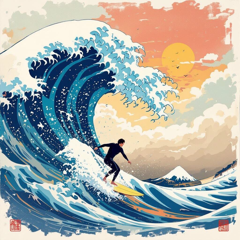 Surfer Under Great Wave: Ukiyo-e Style Art