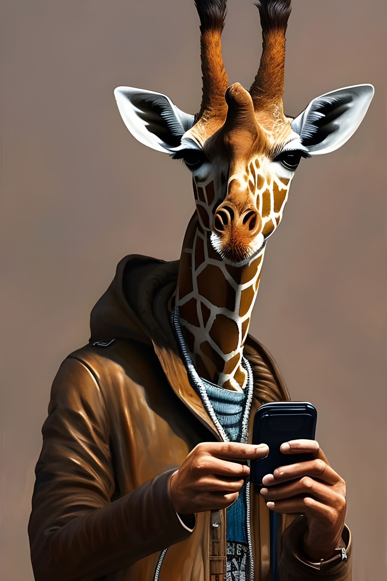 Detailed Sepia Giraffe Selfie in Vintage Style