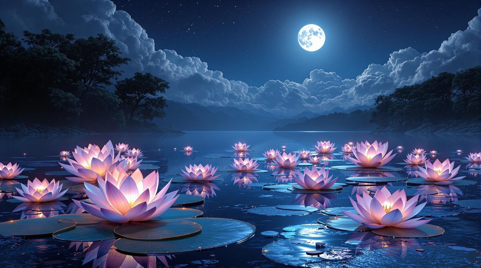 Glowing Lotus Blooms Under Full Moonlight